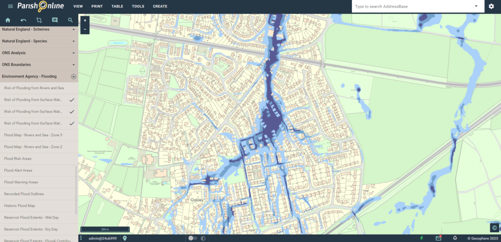 Surface water flooding mapped by Parish Online