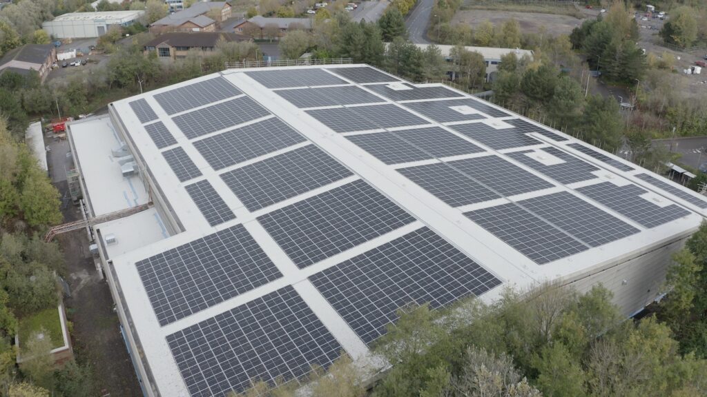 Solar array on rooftop of TBY2 facility and The Bottle Yard film and TV studios in Bristol