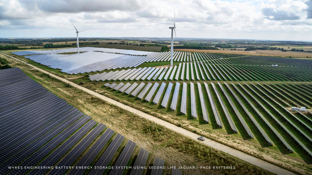Solar farm with wind turbines, photo courtesy of Jaguar Land Rover
