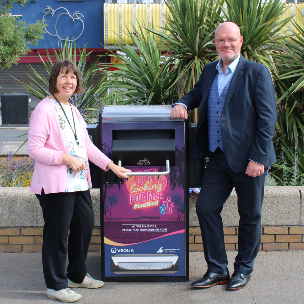 Cllr Meg Davidson from Southend-on-Sea City Council and Stuart Atkinson, Senior Contract Manager at Veolia UK, with a singing bin