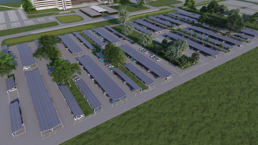 Computer-generated image of the planned solar canopies at Lakeside North Harbour business park