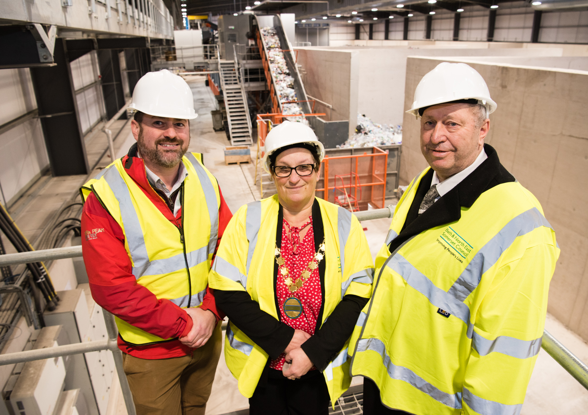 Cllr Kevin Guy (Council Leader), Cllr Sarah Moore (Council Chair) and Cllr Tim Ball ( Cabinet Member for Neighbourhood Services) officially open Keynsham Recycling Hub, photo courtesy of Bath & North East Somerset Council.  