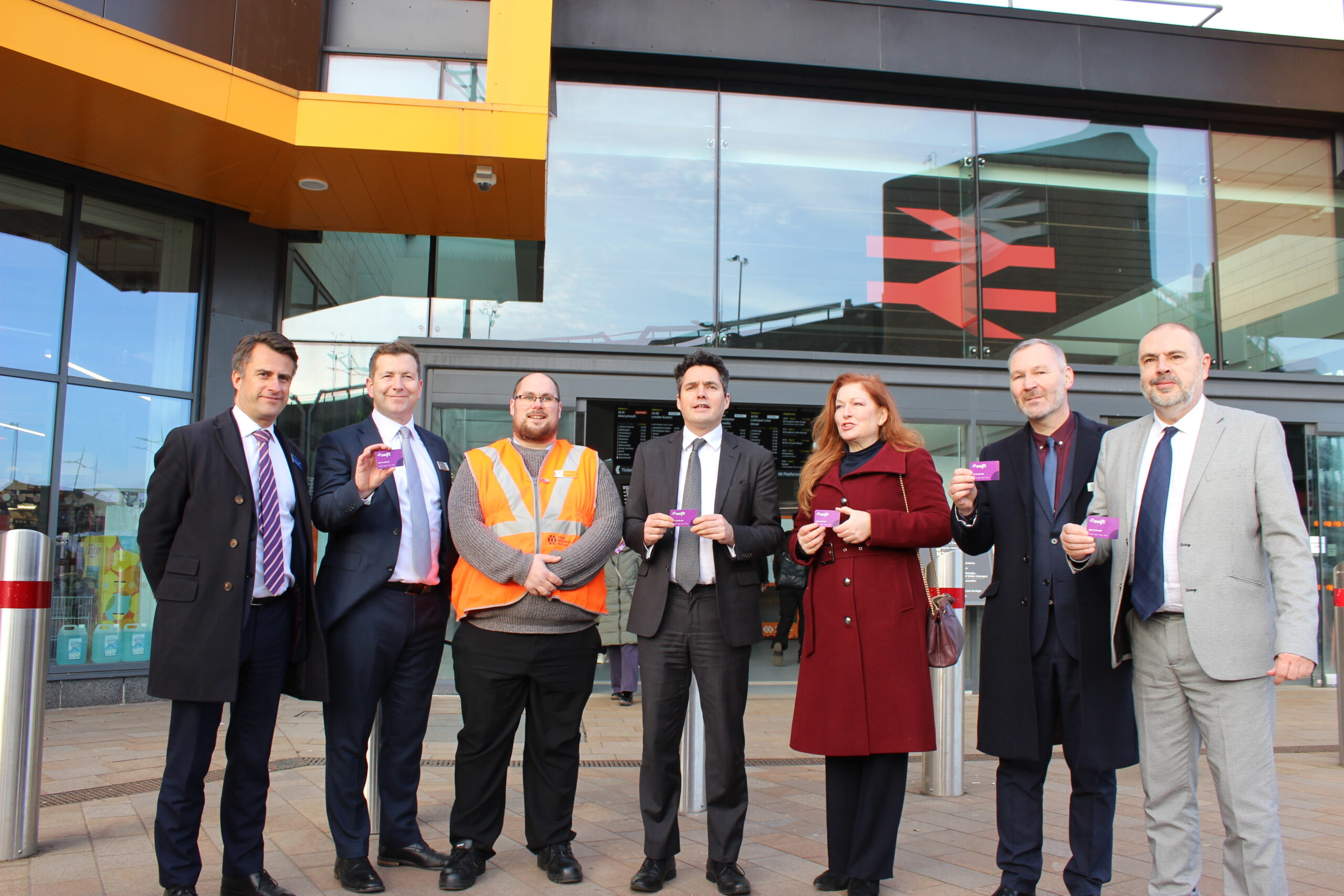Photo of Stewart Fox-Mills (GBRTT), Ian McConnell (West Midlands Trains), David Collyer (West Midlands Trains), Rail Minister Huw Merriman MP, Jane Stevenson MP, Mal Drury-Rose (WMRE / TfWM) and Cllr Craig Collingswood (WMRE / City of Wolverhampton Council). Photo courtesy of WMCA.