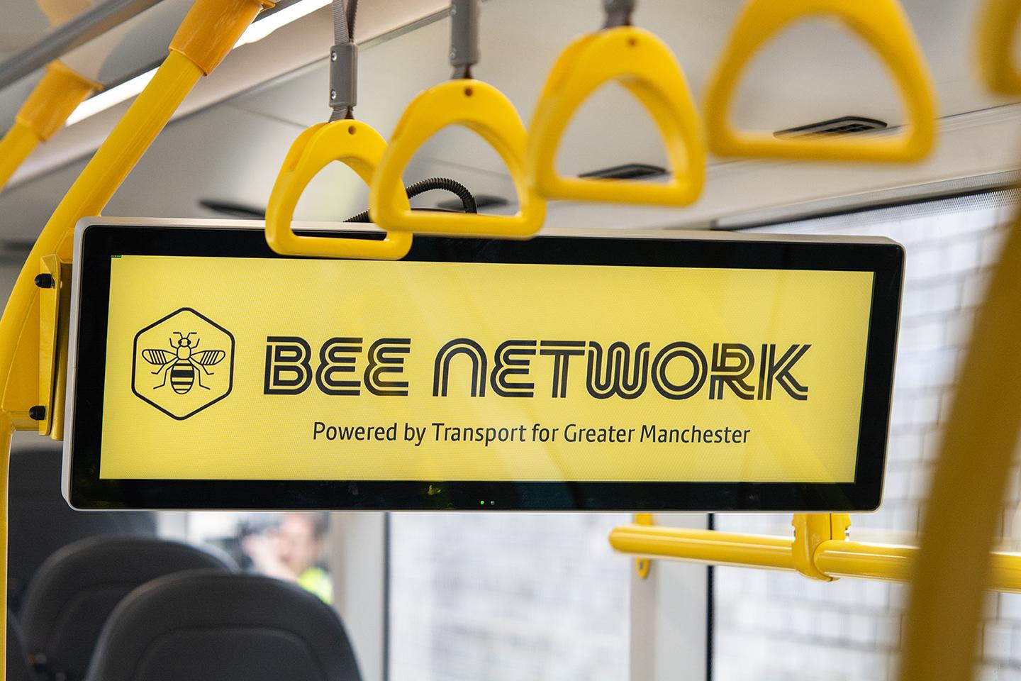 Bee Network sign on a bus, photo courtesy of Oldham Council
