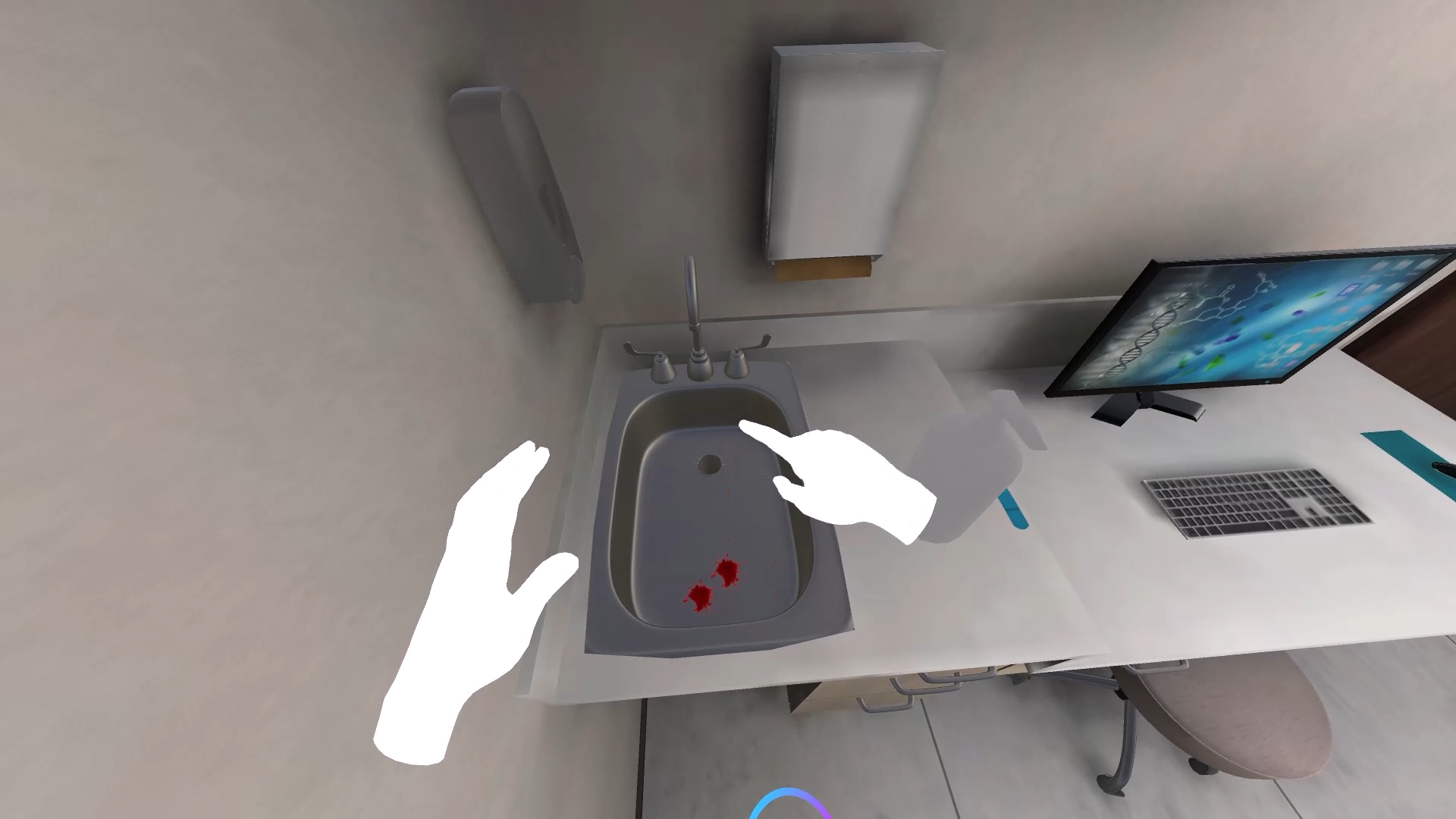 Screenshot of the FLO virtual reality learning portal showing hands above a sink