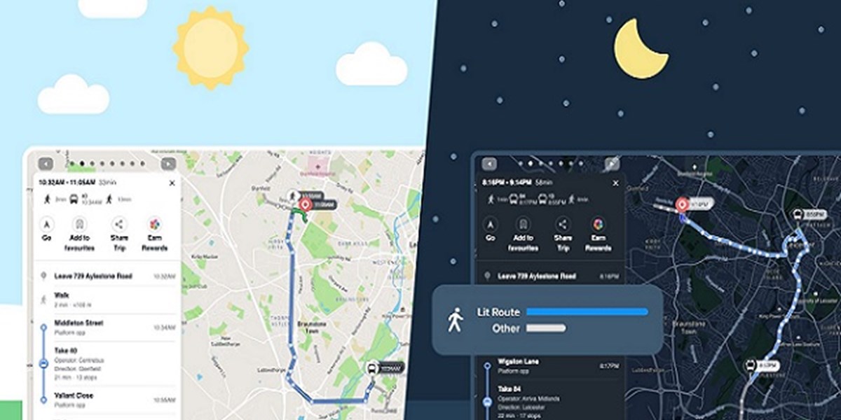 Screen shots from Skedgo's Choose How You Move app. On the left, a daytime map of streets with sun; on the right, a night-time map of streets with moon, marked showing well-lit route