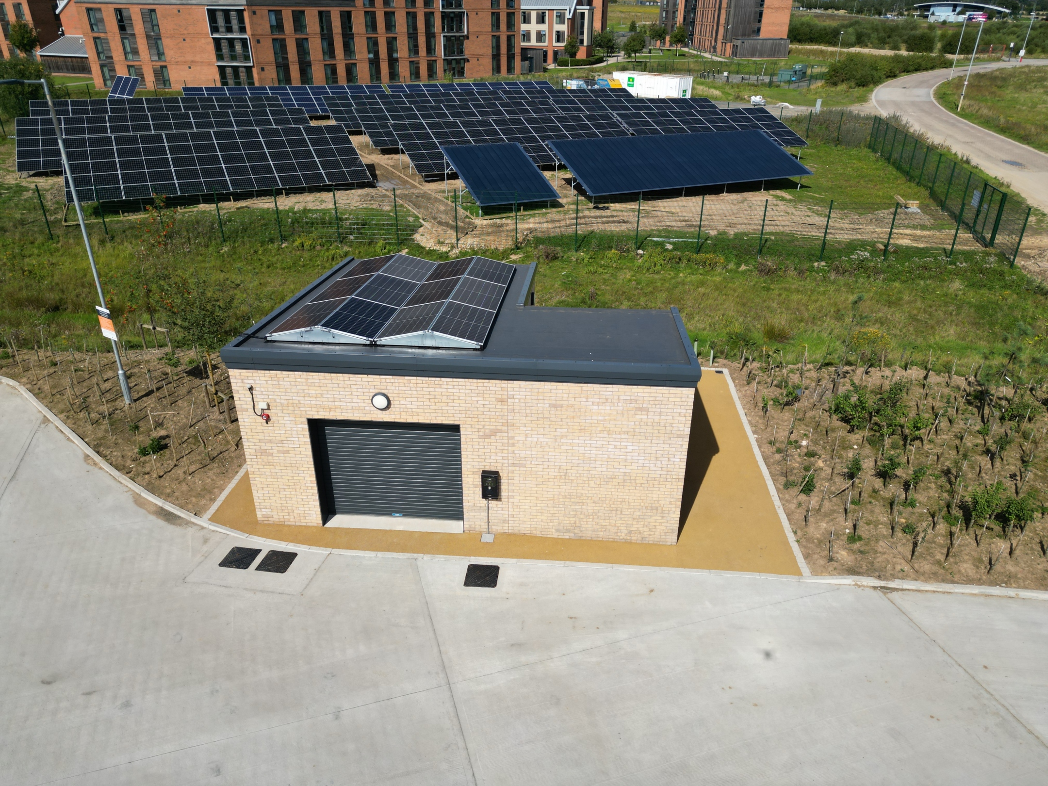 Aerial view of new solar array at University of York's Institute for Safe Autonomy