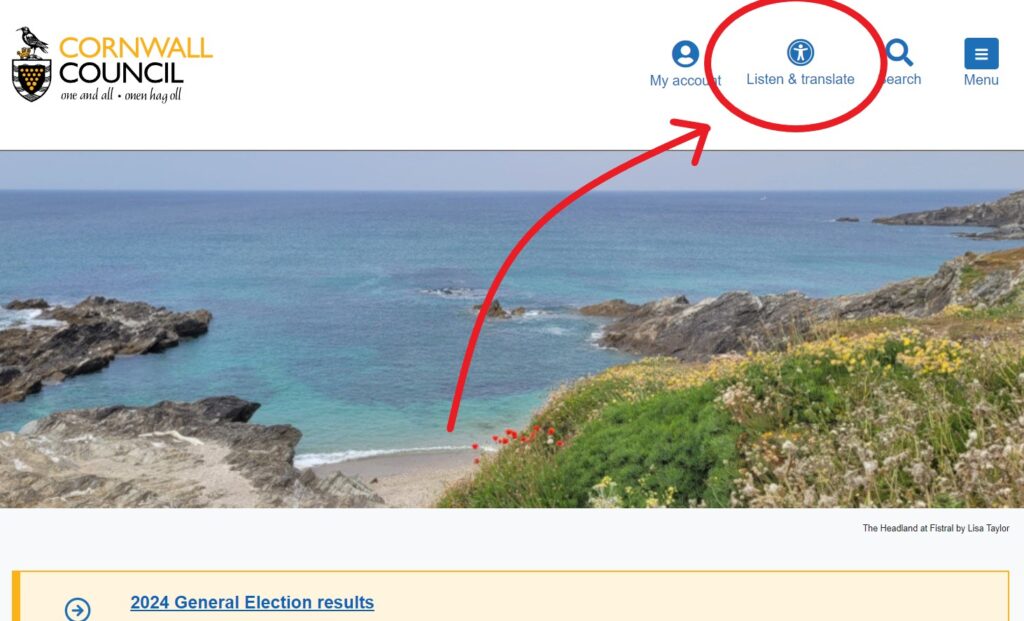 The 'Listen & translate' tool is featured prominently at the top of the Cornwall Council website