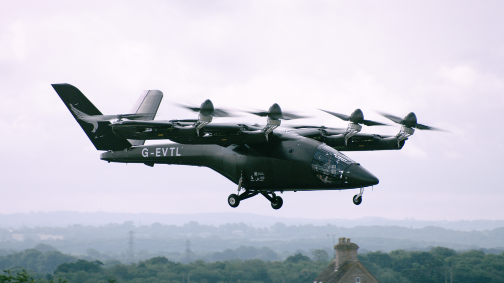 VX4 electrically powered vertical take off and landing (eVOLT) aircraft seen in the air