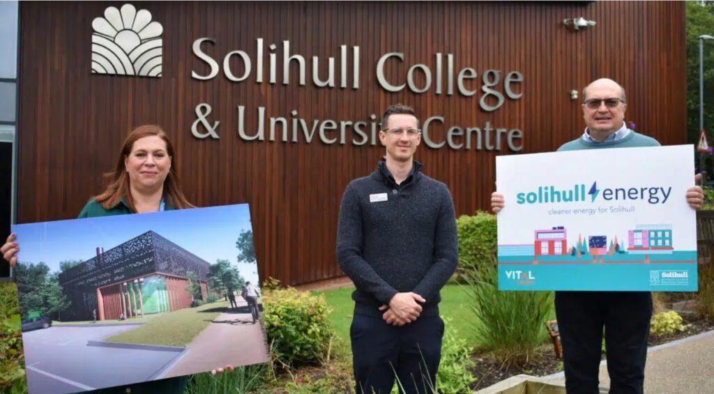 Dr Rebecca Gater (Principal, Solihull College & University Centre), Jacob Harley-Beckett (General Manager, Tudor Grange Leisure Centre) and Cllr Andy Mackiewicz (Cabinet Member for Climate Change and Planning, Solihull Council). Photo courtesy of Solihull Metropolitan Borough Council.