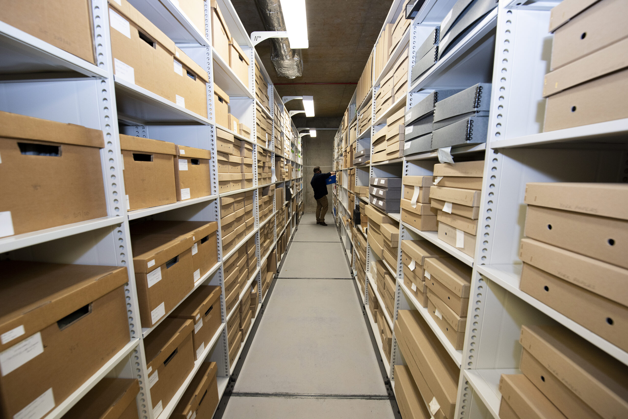 The Frankie Howerd Collection at the Borthwick Institute of Archives; photo shows cardboard boxes on shelves with air conditioning unit above.