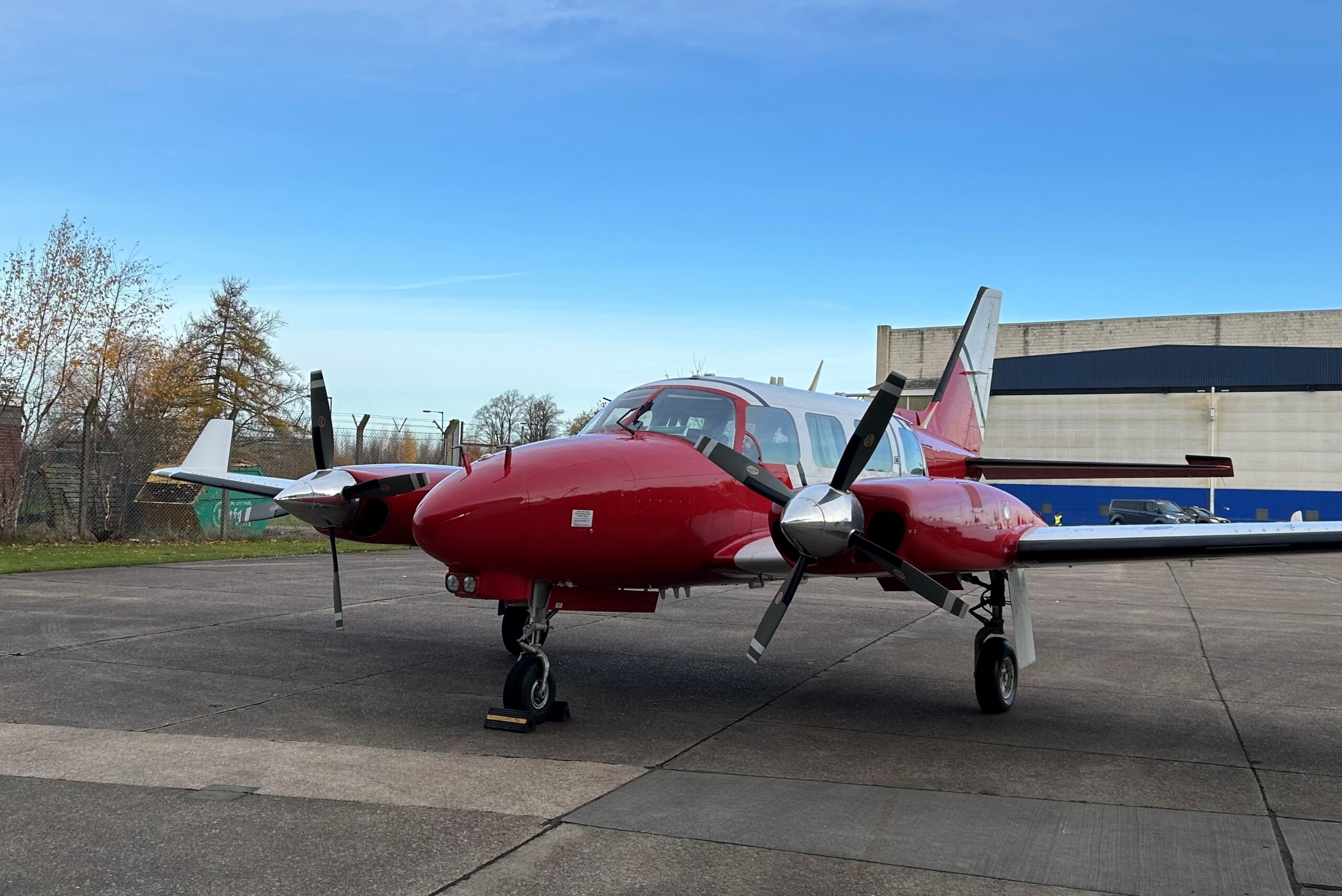 A 1977 Piper Panther PA31 Navajo twin-engined utility aircraft has landed on the tarmac at Doncaster Sheffield Airport