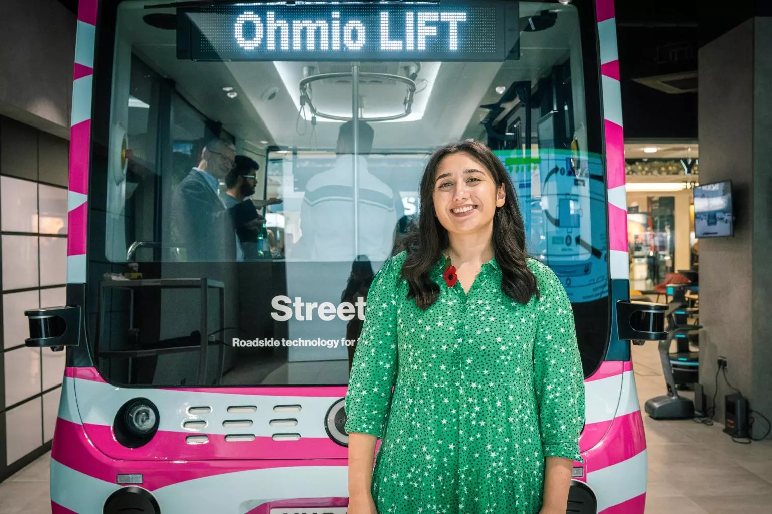 Cllr Shanika Mahendran launches the smart city action plan for Milton Keynes in front of an Ohmio LIFT autonomous shuttle bus, photo courtesy of Milton Keynes City Council