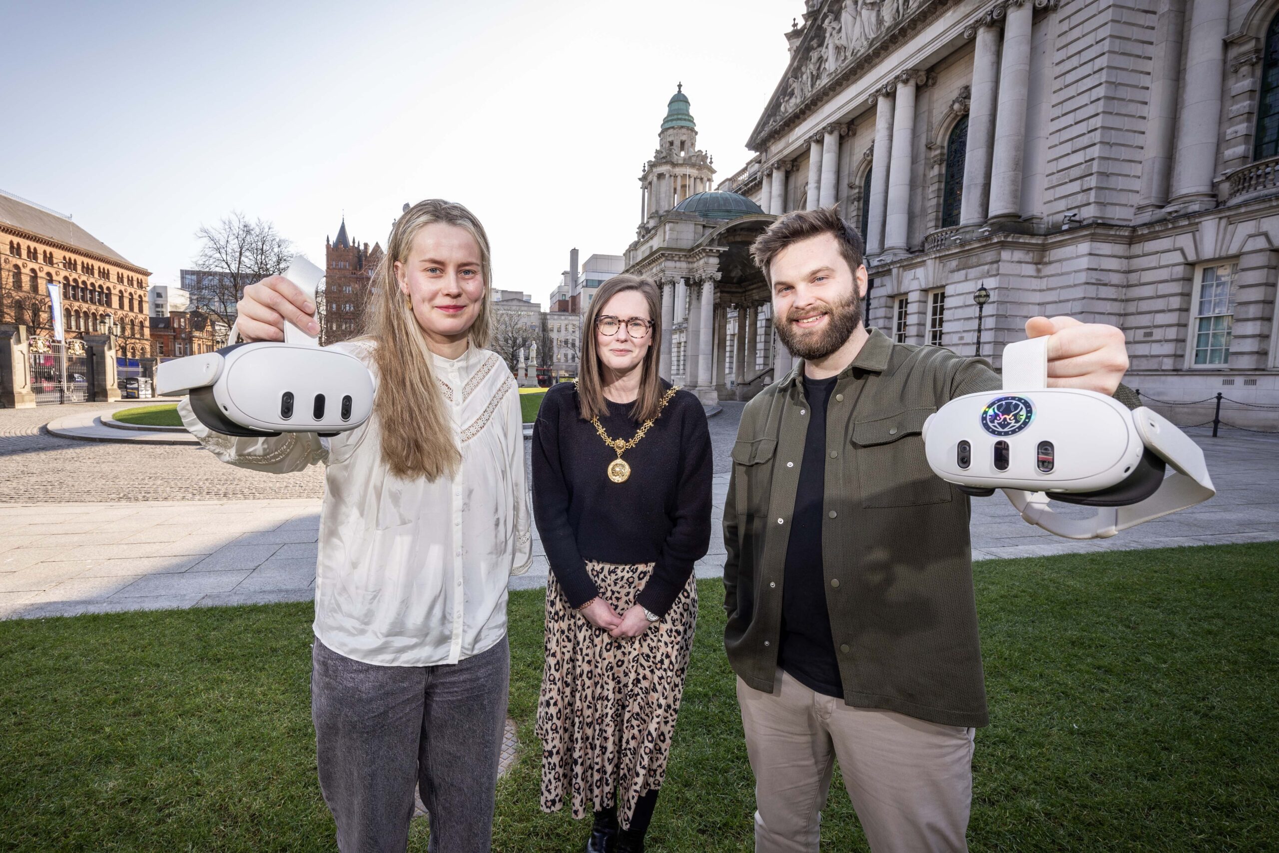 Cllr Fiona McAteer, High Sheriff of Belfast, with winner tech developers in the Augment the City programme