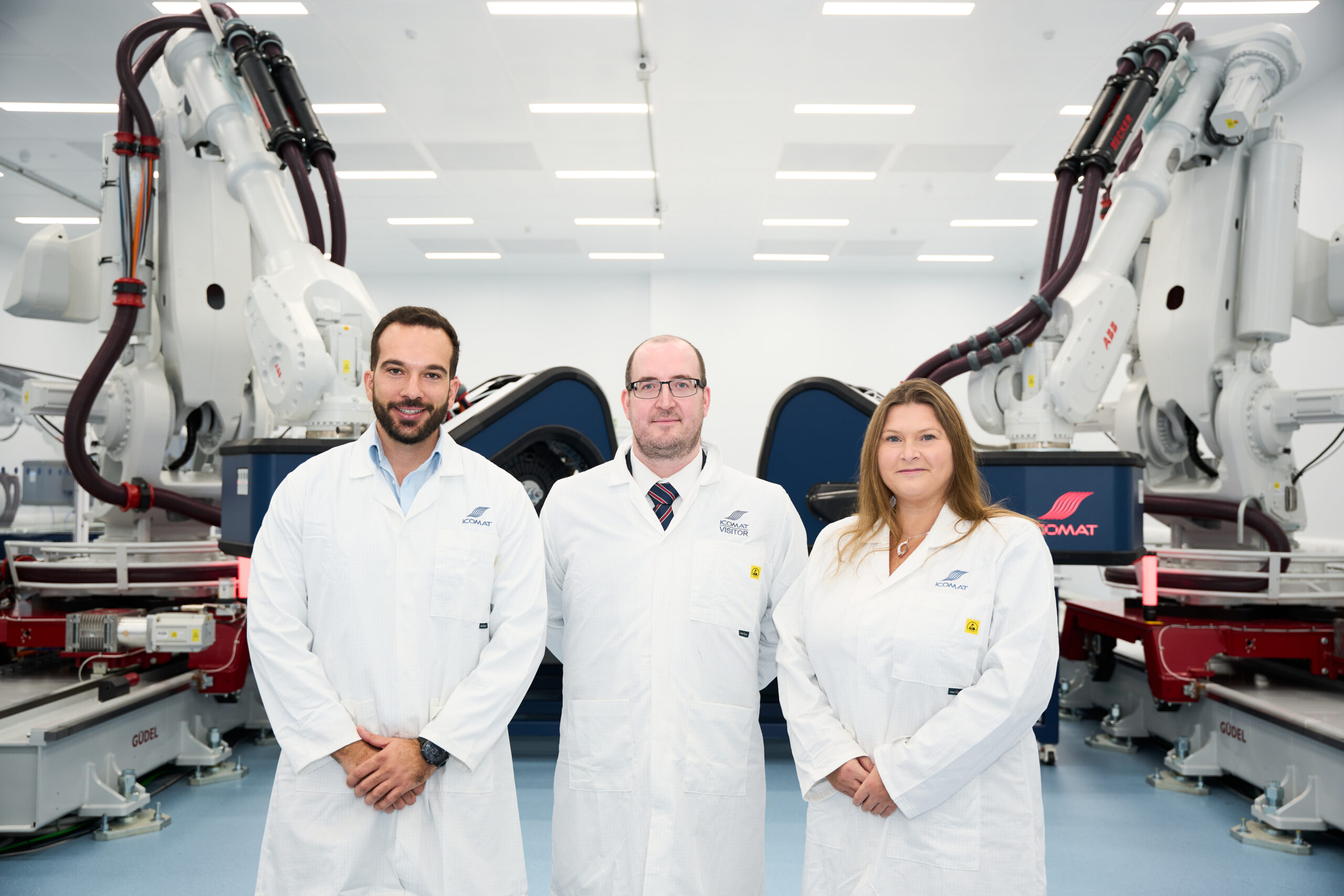 Dr Evangelos Zympeloudis, CEO and Founder of iCOMAT, Matt Archer, Director of Launch and ISAM, at the UK Space Agency and Antonia Yendell, Head of Space Ecosystem Development at the UK Space Agency. Photo courtesy of iCOMAT.