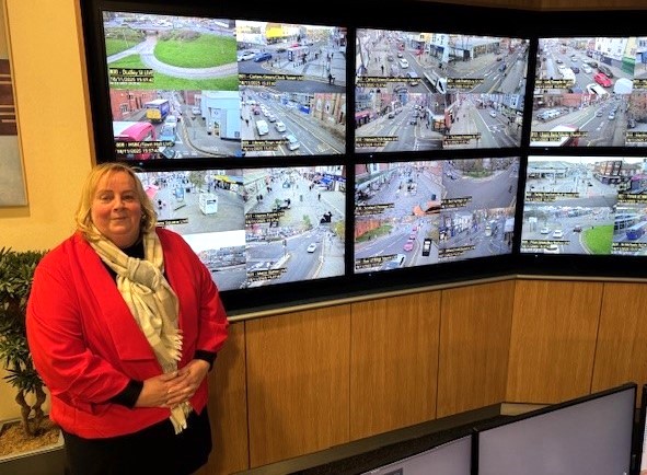 Cllr Suzanne Hartwell in the CCTV control room, photo courtesy of Sandwell Council