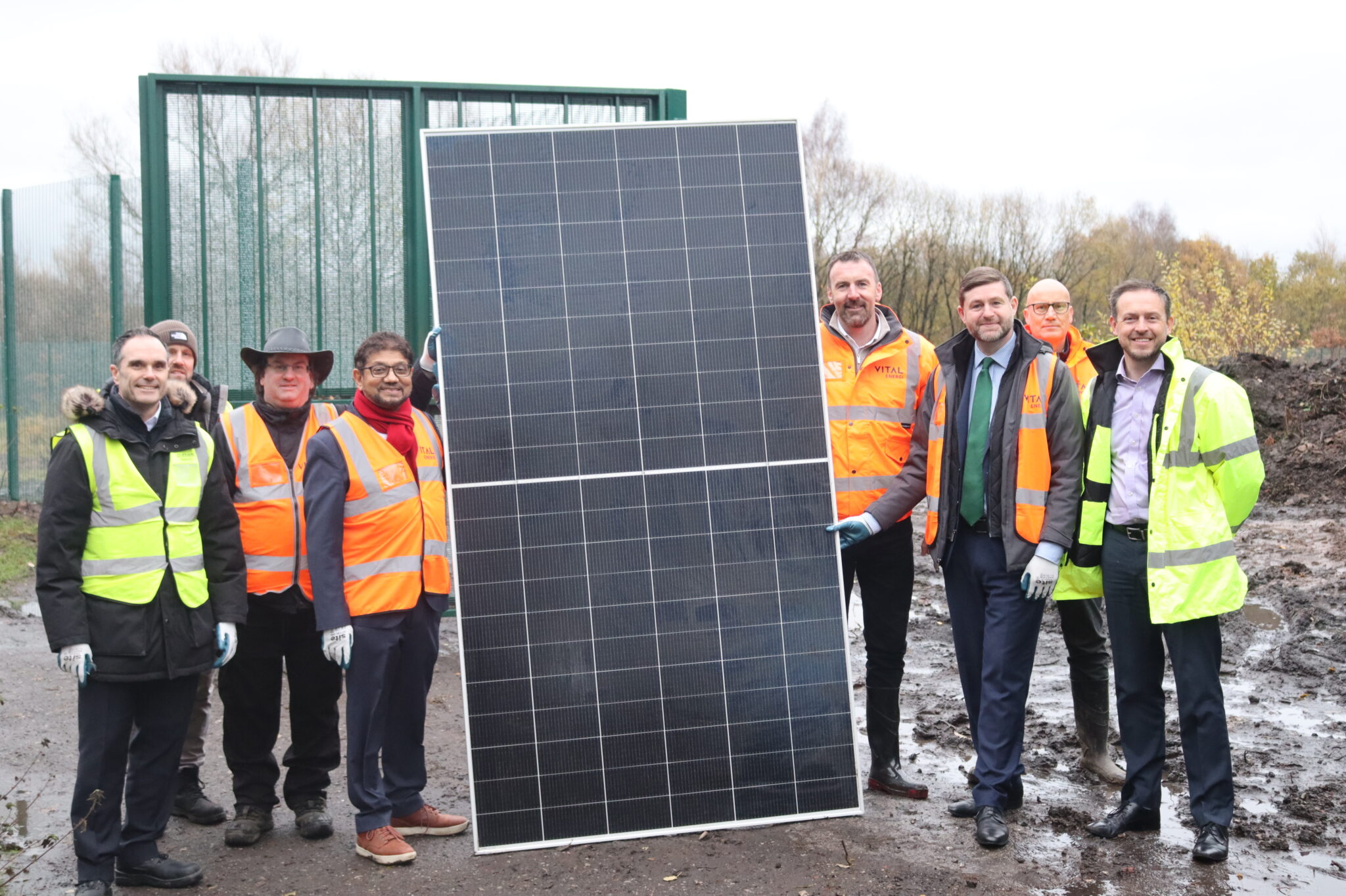 Cllr Abdul Jabbar and MP Jim McMahon at the solar farm with staff from Oldham Council and Vital Energi